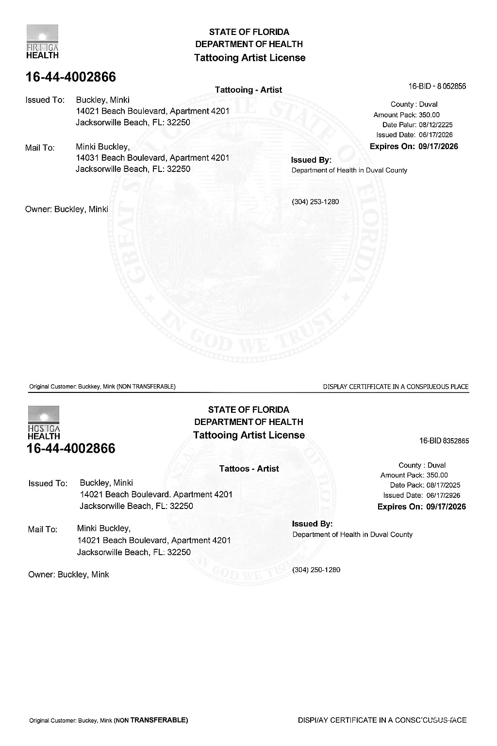 State of Florida Department of Health Tattooing Artist License