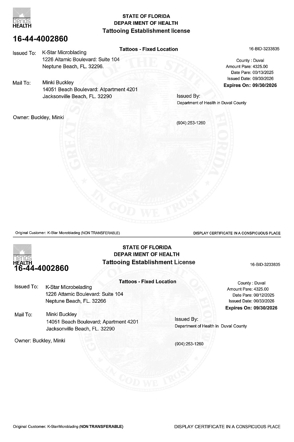 State of Florida Department of Health Tattooing Establishment License